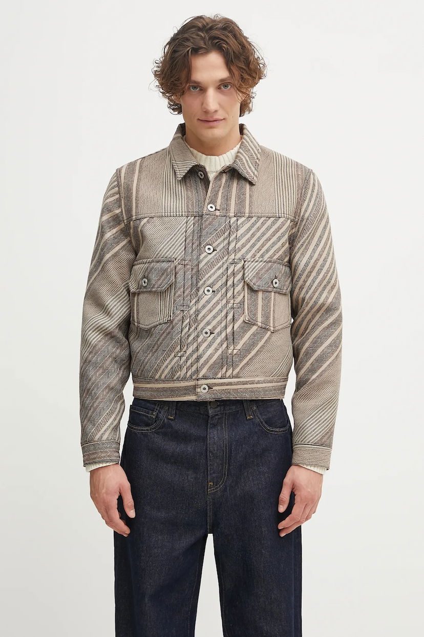 Jacka KENZO Kenzo Diagonal Stripe Slim Pleated Trucker Jacket Beige | FF65VE3029IO