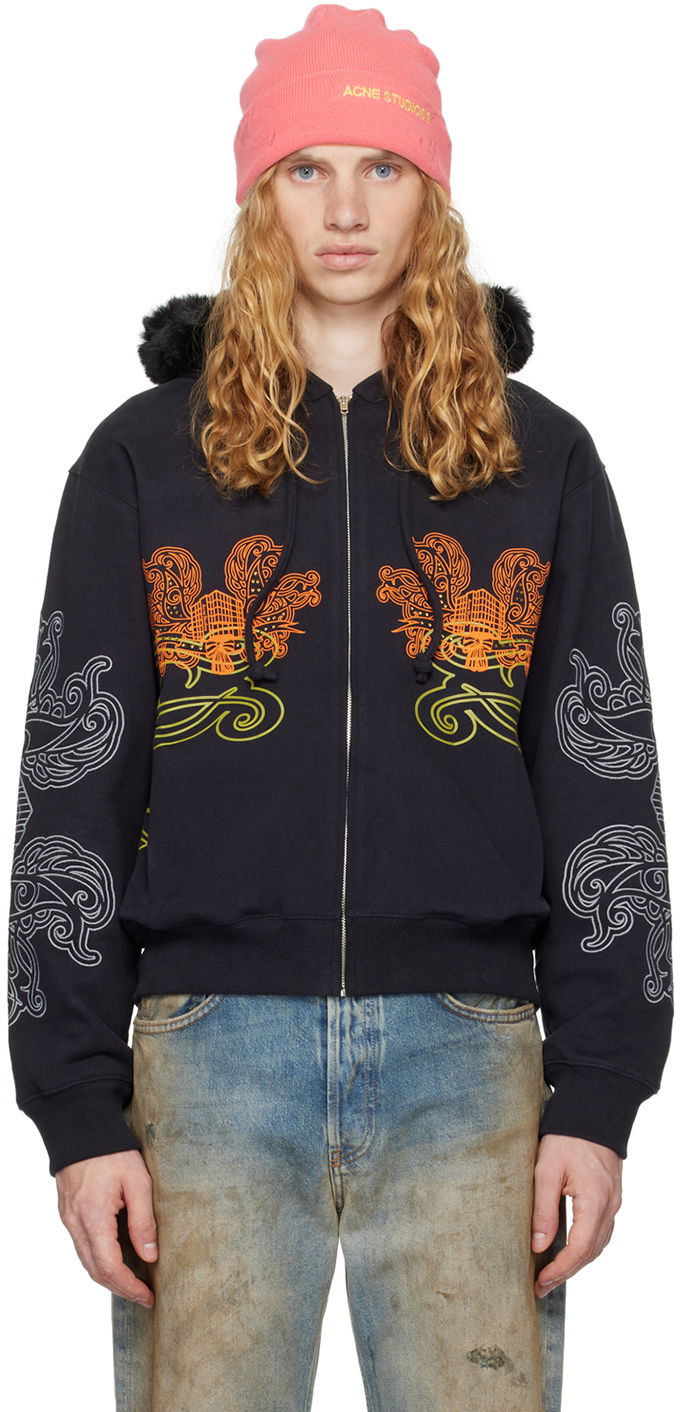 Sweatshirt Acne Studios Printed Zip Hoodie Svart | BI0204-