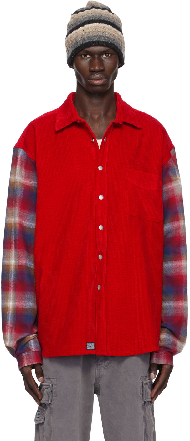 Skjorta ERL Corduroy Overshirt with Plaid Sleeves Röd | ERL09B005