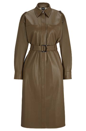 Klä BOSS Perforated Faux Leather Belted Shirt Dress Grön | 50505962