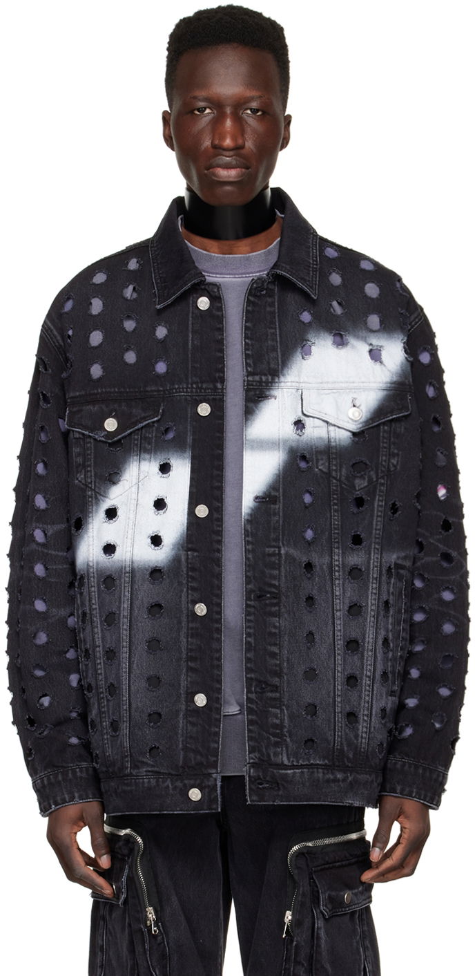 Jacka We11done We11done Distressed Logo Denim Jacket Svart | WD-DJ1-22-355-U-WB