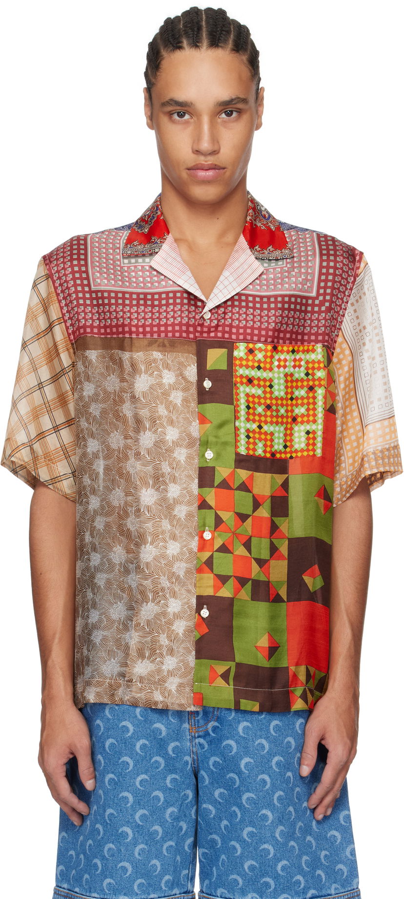 Skjorta Marine Serre Marine Serre Regenerated Silk Patchwork Bowling Shirt Flerfärgad | USI025A UWOV0028