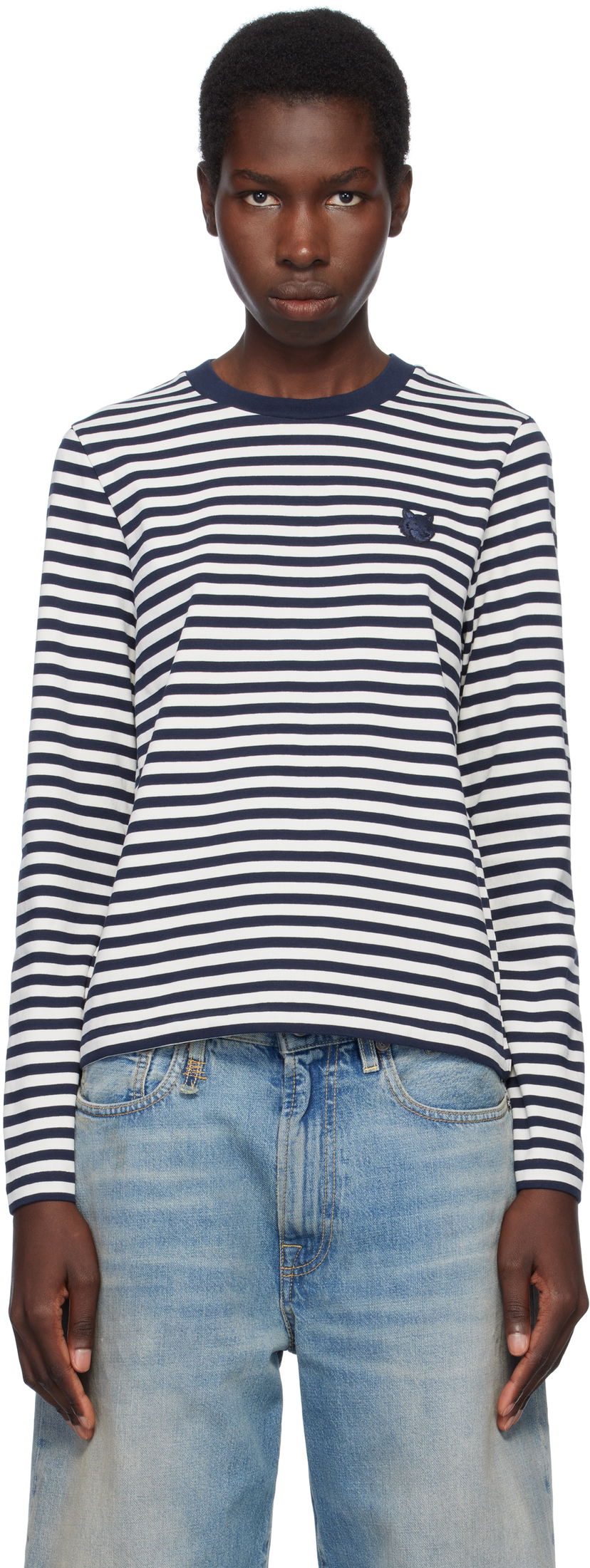 T-shirt MAISON KITSUNÉ Maison Kitsuné Fox Head Patch Striped T-Shirt Mörkblå | OW00111KA0026