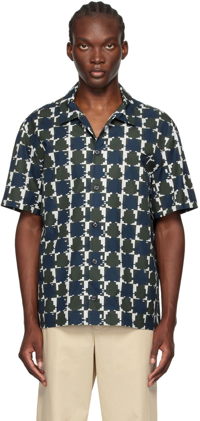 Skjorta Moncler Green & Blue Logo Print Shirt Mörkblå | J20912F00007597YJ