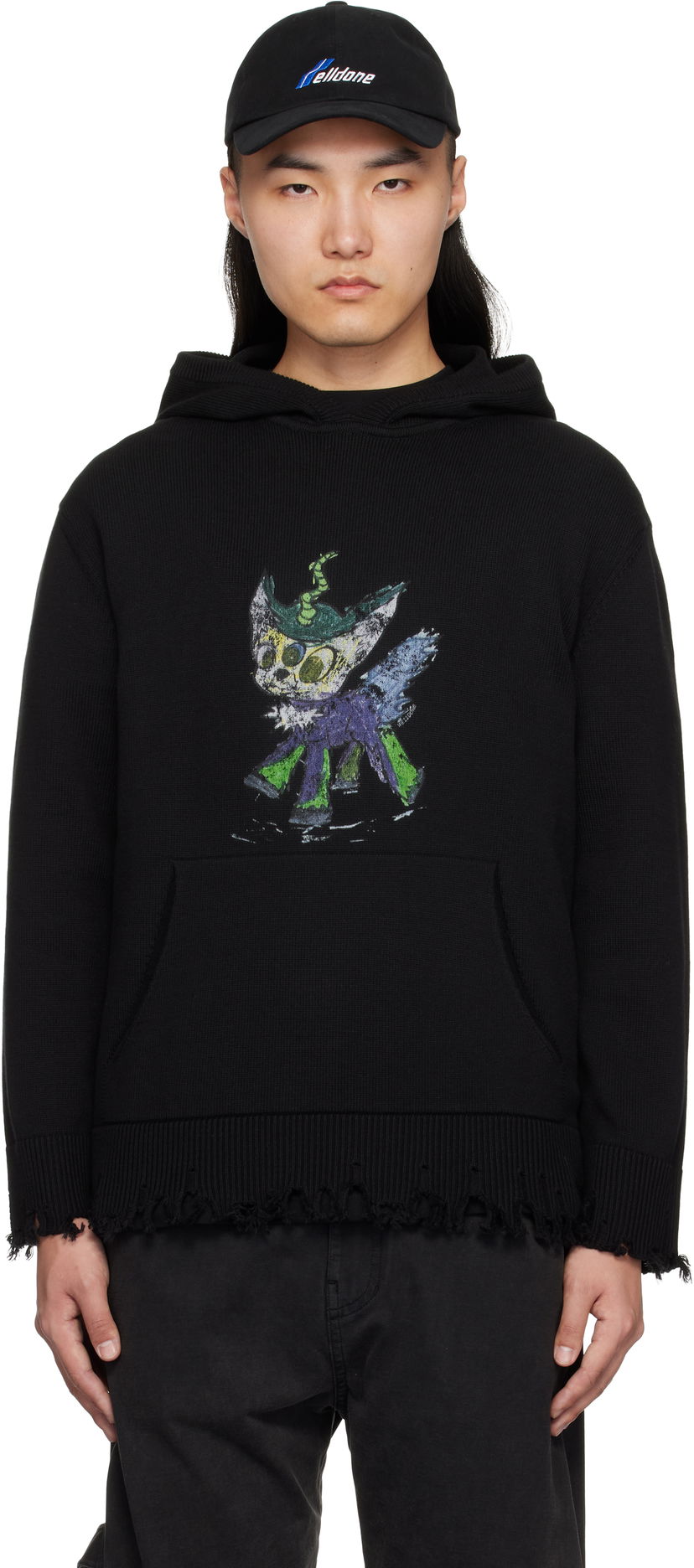 Sweatshirt We11done We11done Grunge Monster Pony Knit Hoodie Svart | WD-KT0-25-659-U-BK