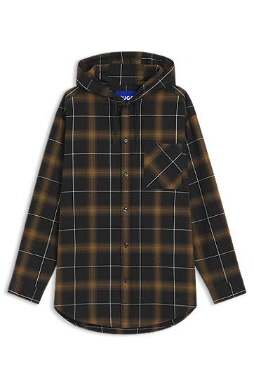 Skjorta BOSS Oversized-Fit Hooded Checked Overshirt Brun | 50545262, 0