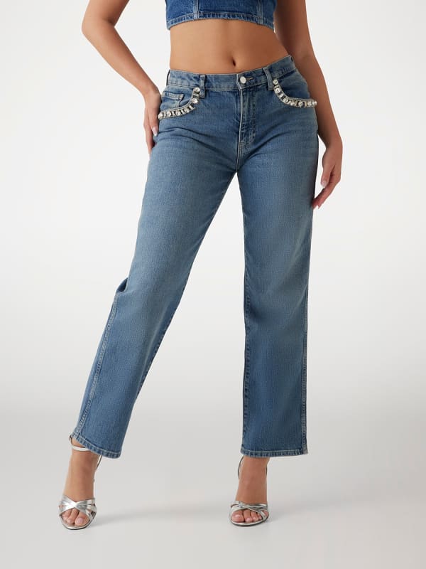 Jeans GUESS Straight Denim Pant With Rhinestone Detail Blå | W5RA1ND5ACC