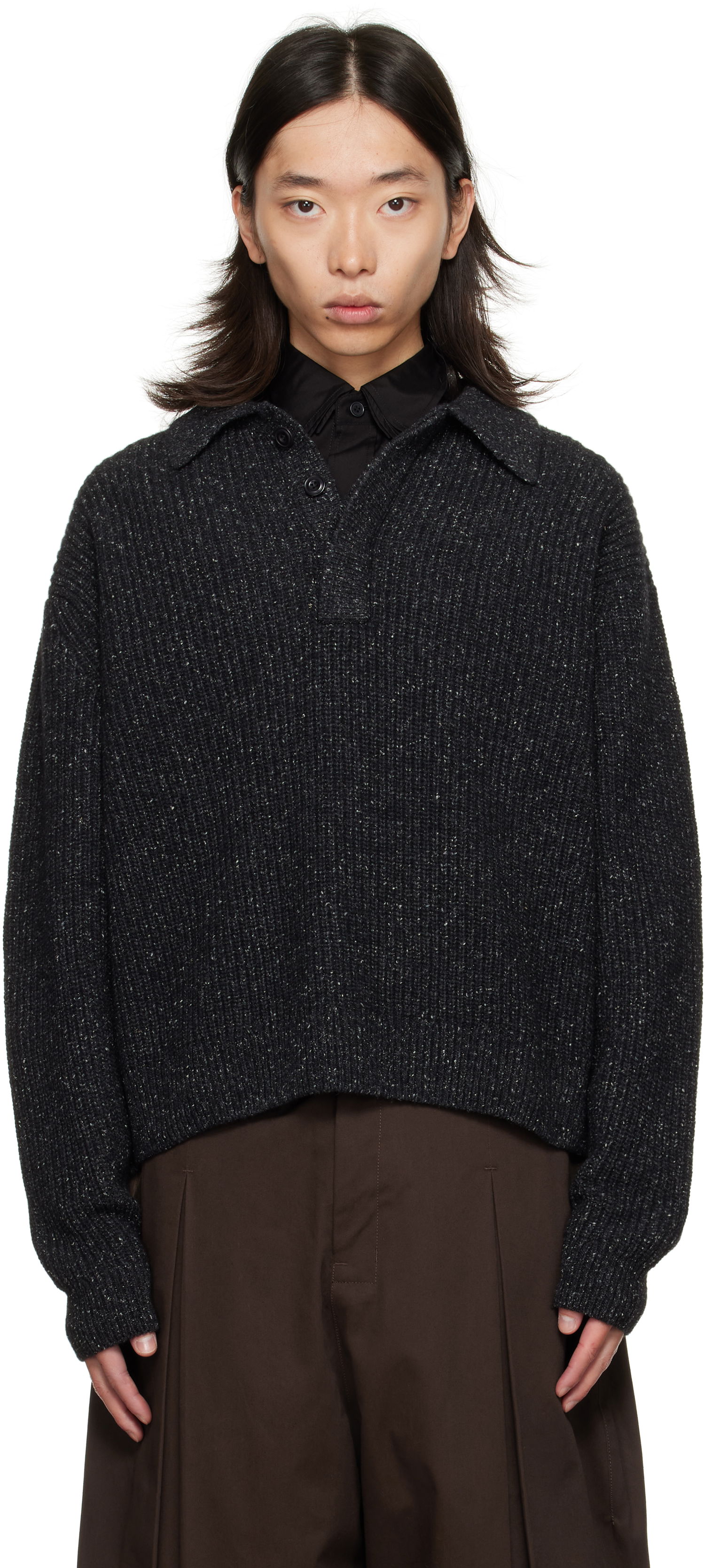 Sweater sage NATION SAGE NATION Knit Polo Sweater Svart | S098 POLO WOOL SPECKLED CHARCO, 0