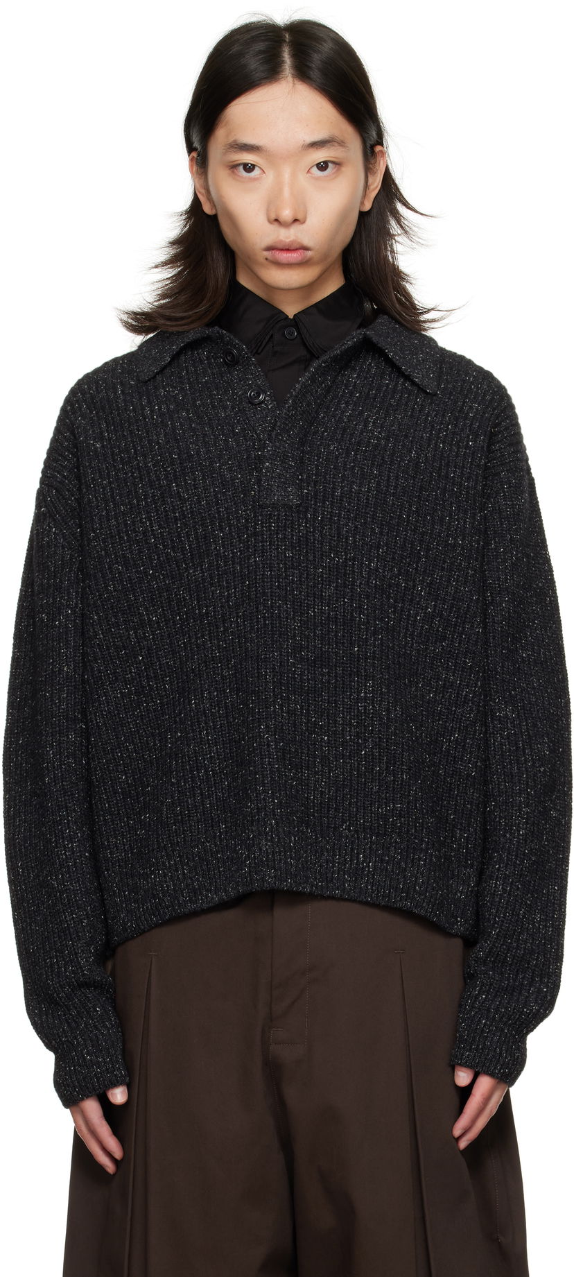 Sweater sage NATION SAGE NATION Knit Polo Sweater Svart | S098 POLO WOOL SPECKLED CHARCO