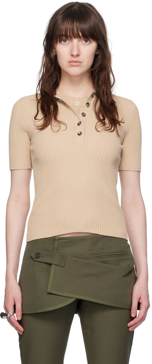 Polotröja Courrèges Courrèges Ribbed Knit Polo Shirt Beige | VESMPO029FI0001