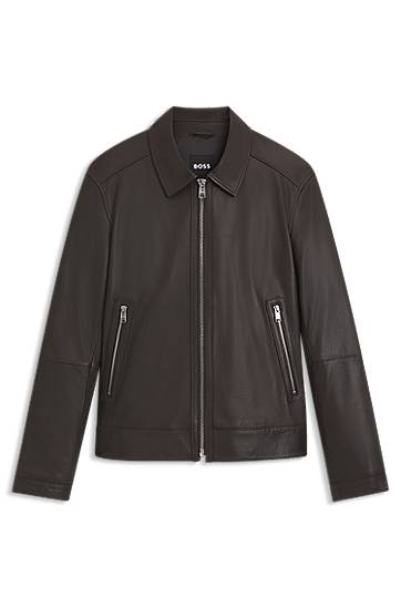 Jacka BOSS Regular-Fit Leather Jacket with Zip Closure Brun | 50543214