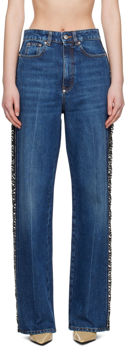 Jeans Stella McCartney Stella McCartney Lace High-Rise Straight Leg Jeans Blå | 6D03053SPH85
