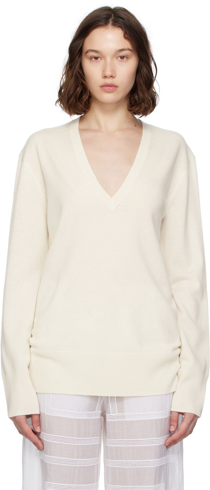 Sweater TOTEME TOTEME Cashmere V-Neck Knit Sweater Vit | 252-WRT0521-YA0016