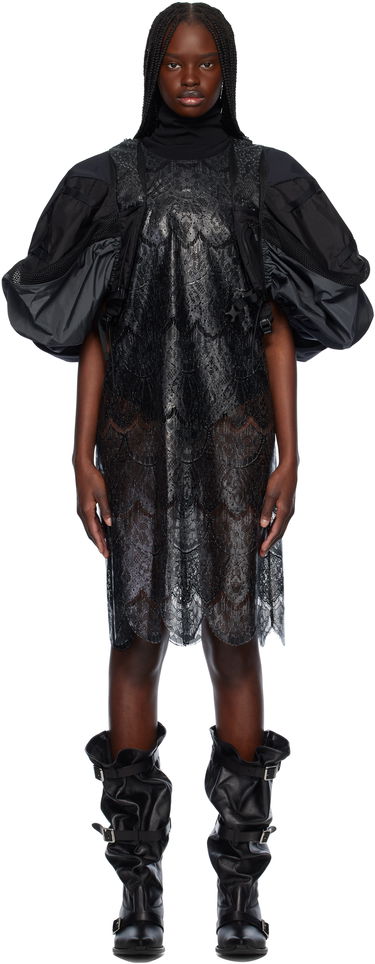 Klä Junya Watanabe Junya Watanabe Scalloped Lace & Nylon Ripstop Midi Dress Svart | JO-O023-051-1, 0