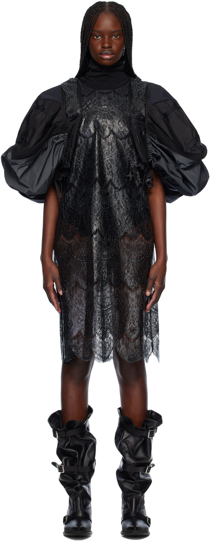 Klä Junya Watanabe Junya Watanabe Scalloped Lace & Nylon Ripstop Midi Dress Svart | JO-O023-051-1