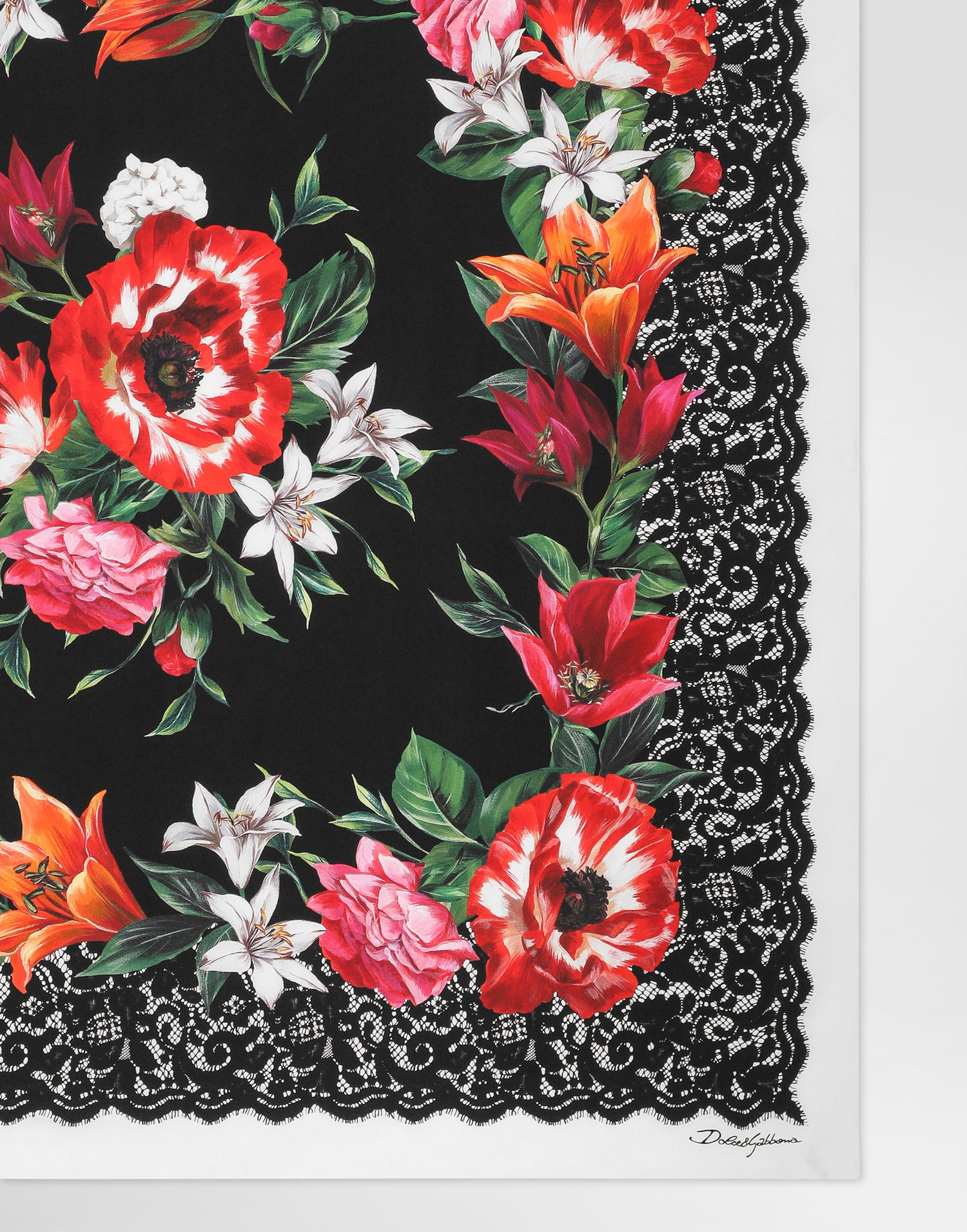 Halsduk Dolce & Gabbana Dolce & Gabbana 90x90 Silk Twill Floral Print Square Scarf with Lace Border Flerfärgad | FN090RGDC7AHN5QV, 1