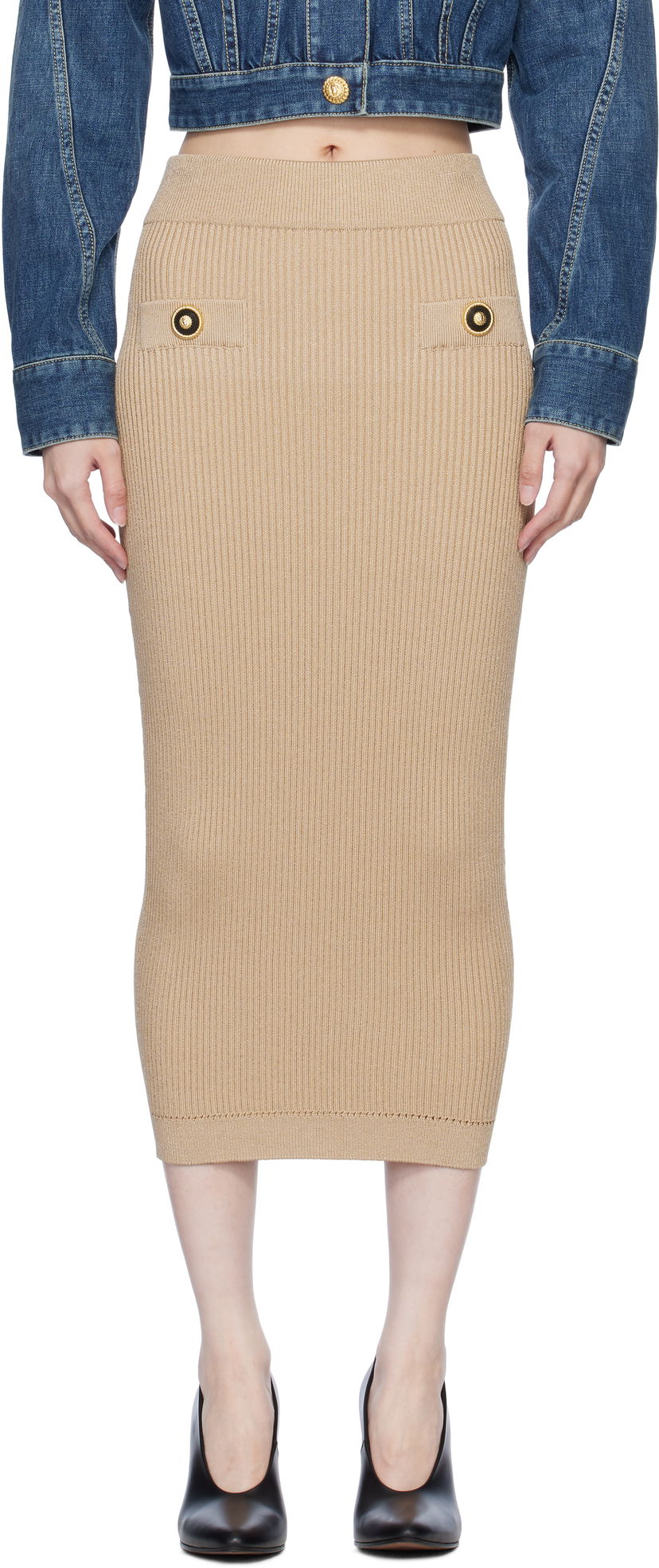 Kjol Balmain Ribbed Knit Midi Skirt Beige | EF1LD022KI10