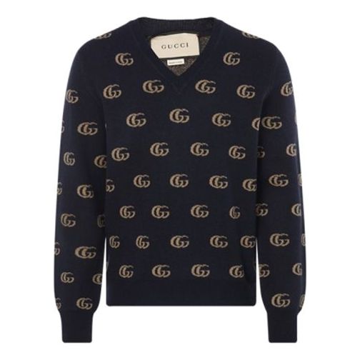 Sweater Gucci Jacquard Wool V-Neck Sweater Mörkblå | 645292-XKBPF-4804
