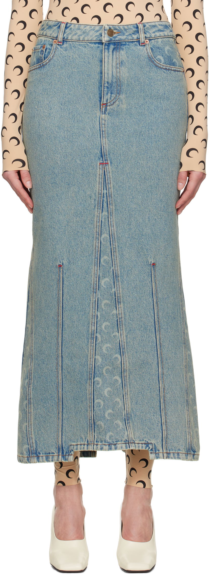 Kjol Marine Serre Marine Serre Moon Laser Denim Maxi Skirt Blå | WSK074A CDEN0003