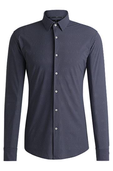 Skjorta BOSS Slim-Fit Geometric-Print Performance-Stretch Jersey Shirt Mörkblå | 50533422