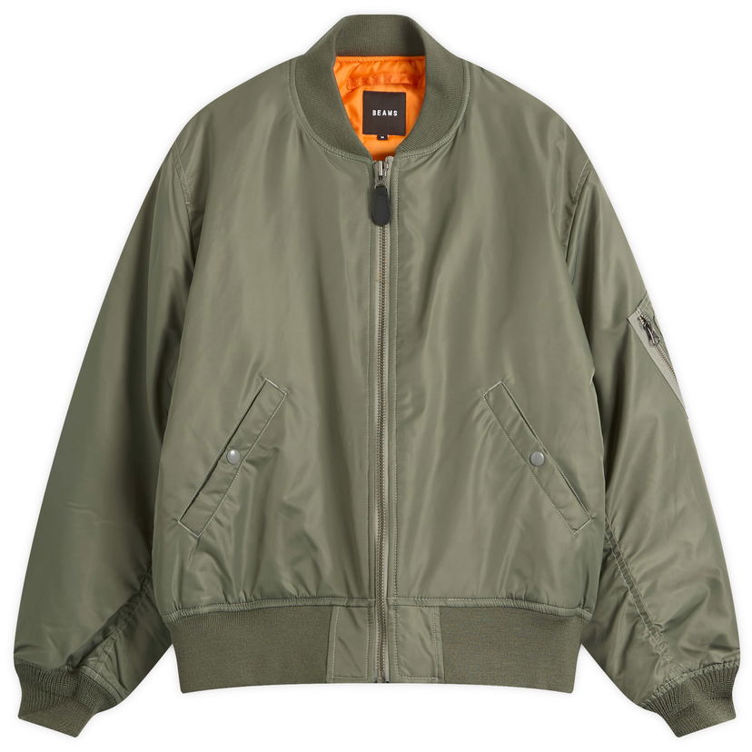 Bomberjacka BEAMS MA1 Bomber Jacket with Ribbed Trims, Zip Closure, Snap Pockets, and Orange Lining Grön | 1118-5607-139-67