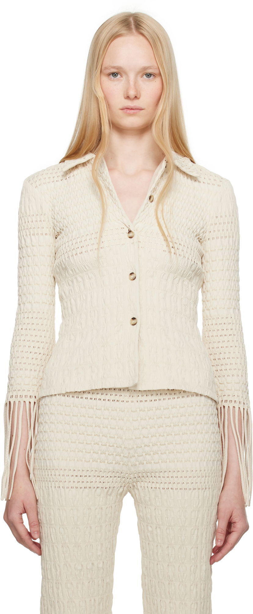 Träningsoverall Nanushka Nanushka Niceta Smocked Shirt Beige | NW25SSTP26805