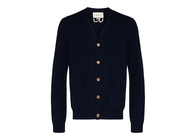 Sweater Gucci GG Embroidered Logo Cardigan Navy Mörkblå | 599866XKA5B4440