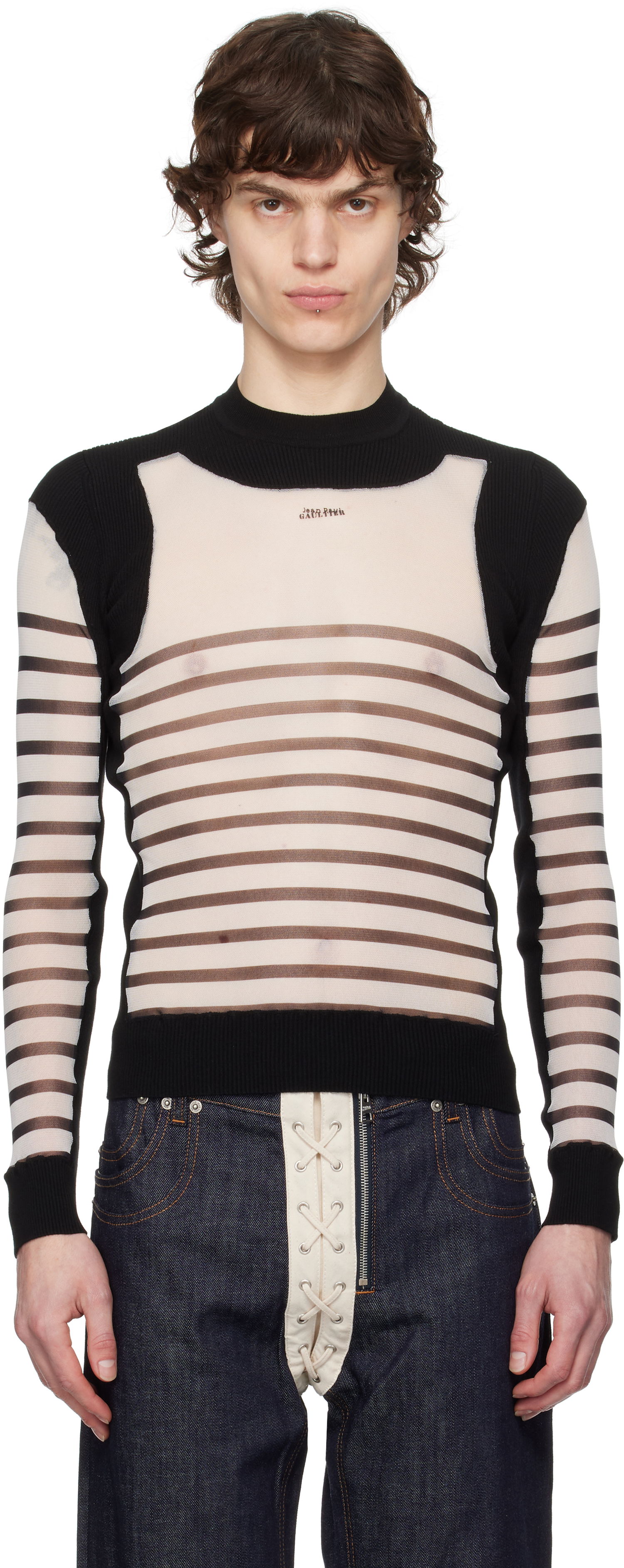 Sweater Jean Paul Gaultier Jean Paul Gaultier Bi-Material Marinière Striped Sweater Svart | 25/33-F-PL069-T574-0100, 0