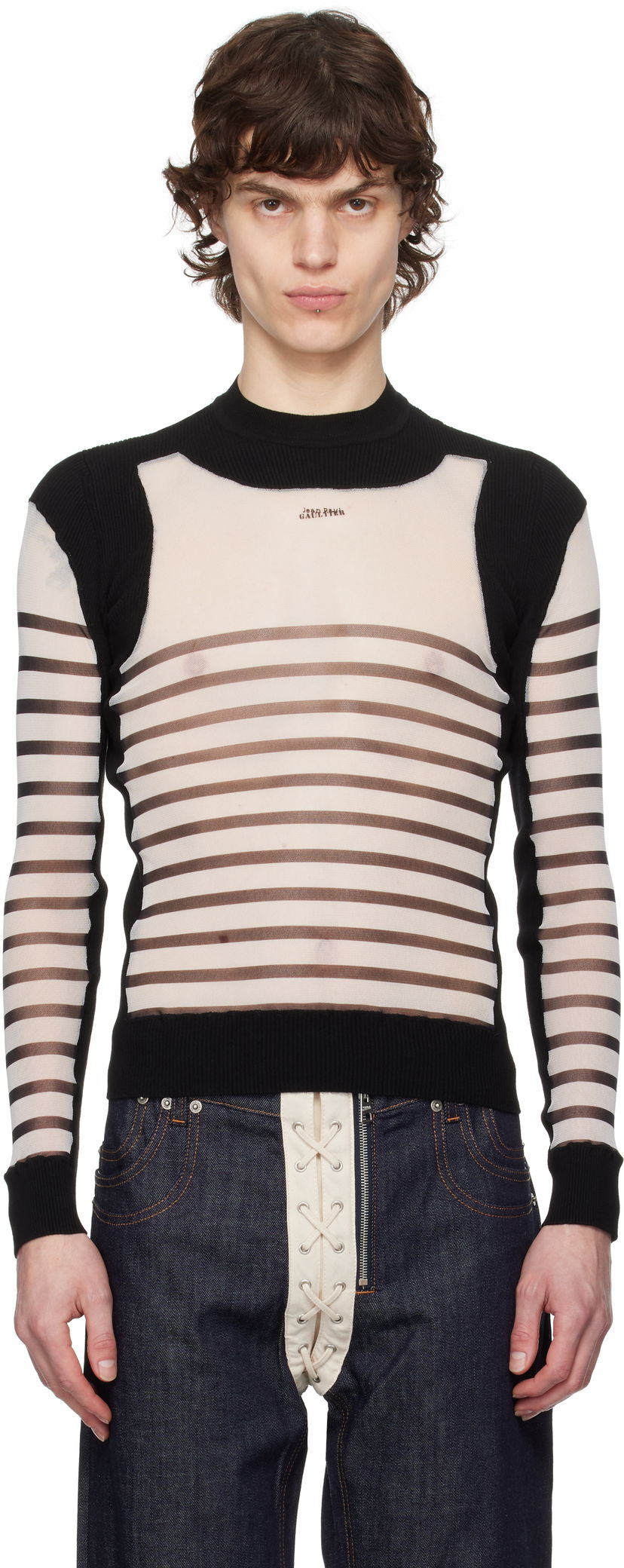 Sweater Jean Paul Gaultier Jean Paul Gaultier Bi-Material Marinière Striped Sweater Svart | 25/33-F-PL069-T574-0100