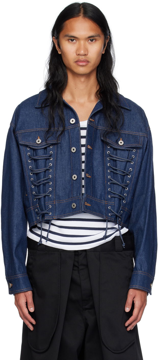Jacka Jean Paul Gaultier Jean Paul Gaultier Lace-Up Cropped Denim Jacket Blå | 24/30-F-VE067-D015-55