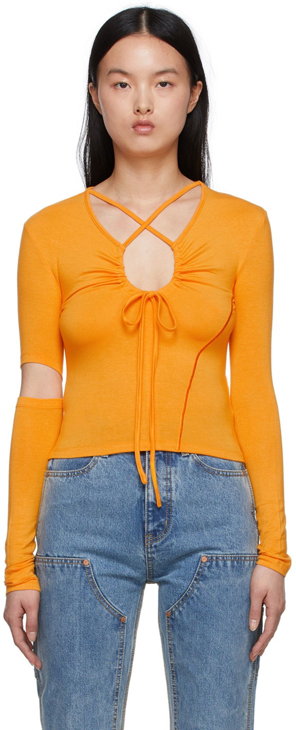 T-shirt Andersson Bell Andersson Bell Edie Cutout Tie Front Long Sleeve T-Shirt Orange | atb717w, 0