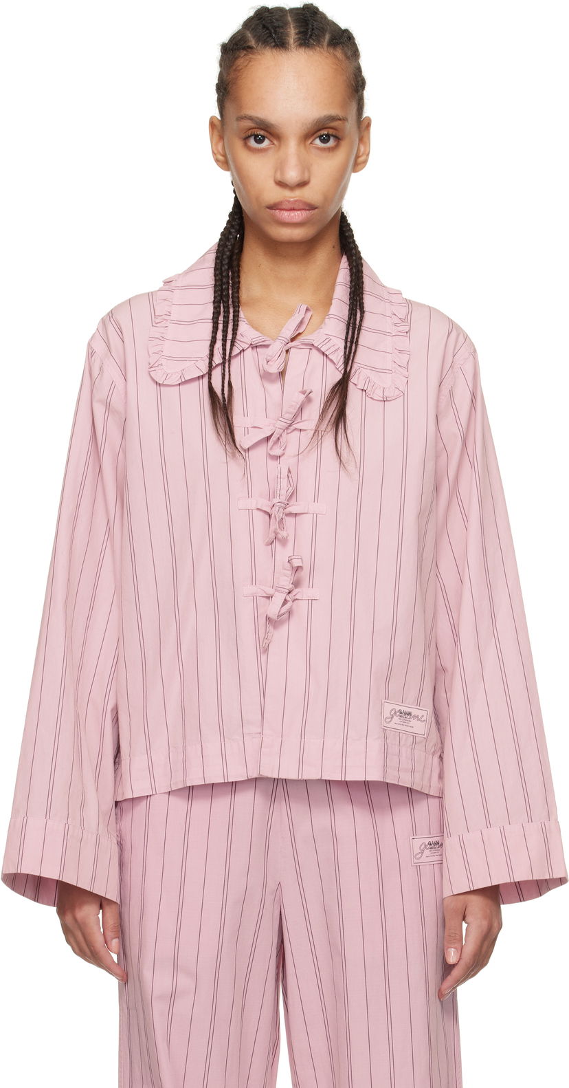Skjorta GANNI GANNI Stripe Cotton Pyjama Shirt Rosa | W0326