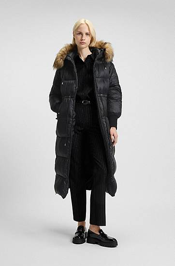 Pufferjacka BOSS Long Water-Repellent Puffer Parka with Detachable Faux Fur Hood Trim and Sleeves Svart | 50547222, 1