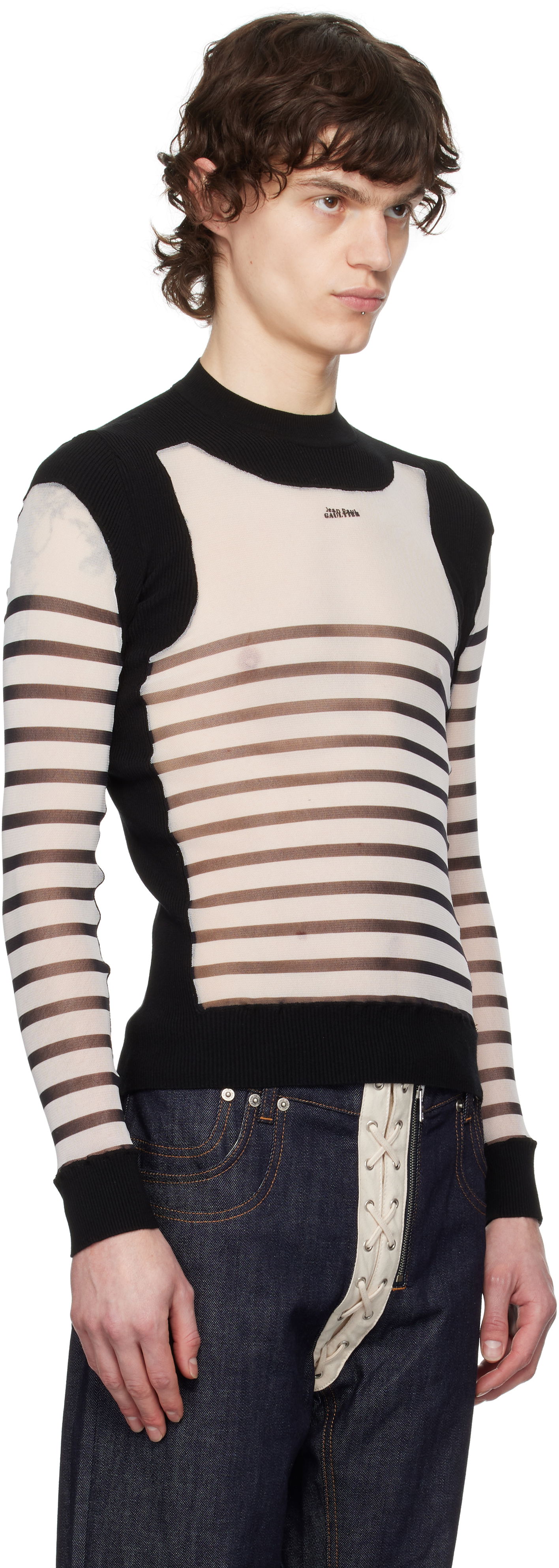 Sweater Jean Paul Gaultier Jean Paul Gaultier Bi-Material Marinière Striped Sweater Svart | 25/33-F-PL069-T574-0100, 1