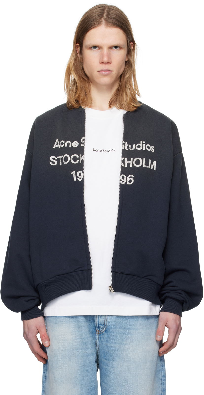 Bomberjacka Acne Studios Acne Studios Logo Zip Sweater Mörkblå | CI0189-