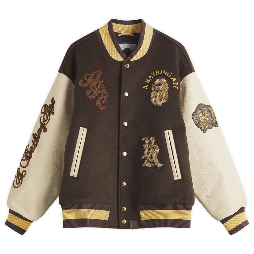 Bomberjacka BAPE Line Camo Logo Wool Varsity Jacket, Size Large Brun | 001HJL301302M-BRN
