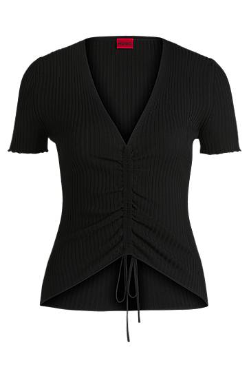 Sweater BOSS Ribbed Knit V-Neck Top with Gathered Front Svart | 50538231