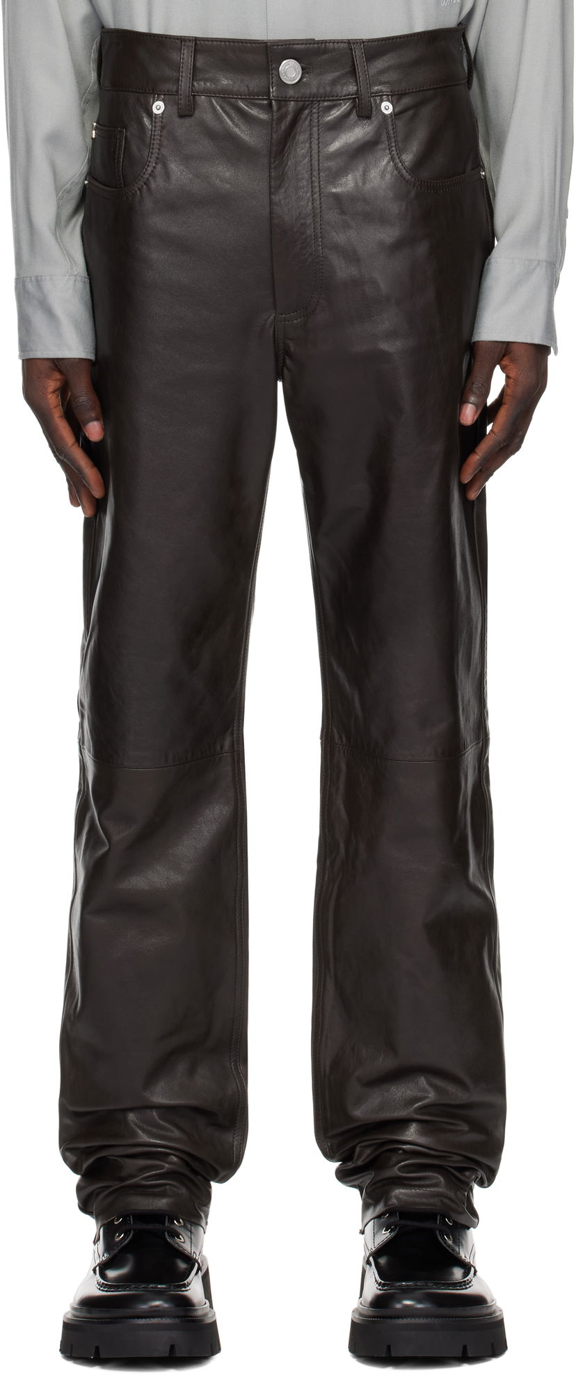 Jeans AMI Straight Fit Leather Pants Brun | HTR509.LH0043