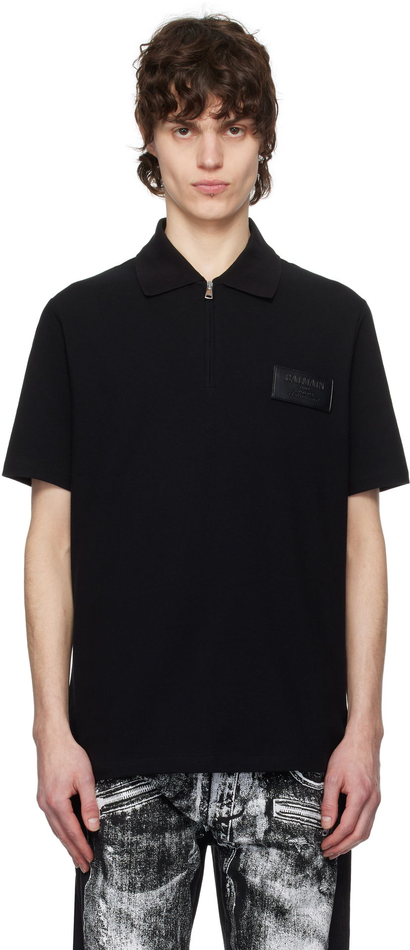 Polotröja Balmain Balmain Logo Patch Polo Svart | EH1GC027BC92