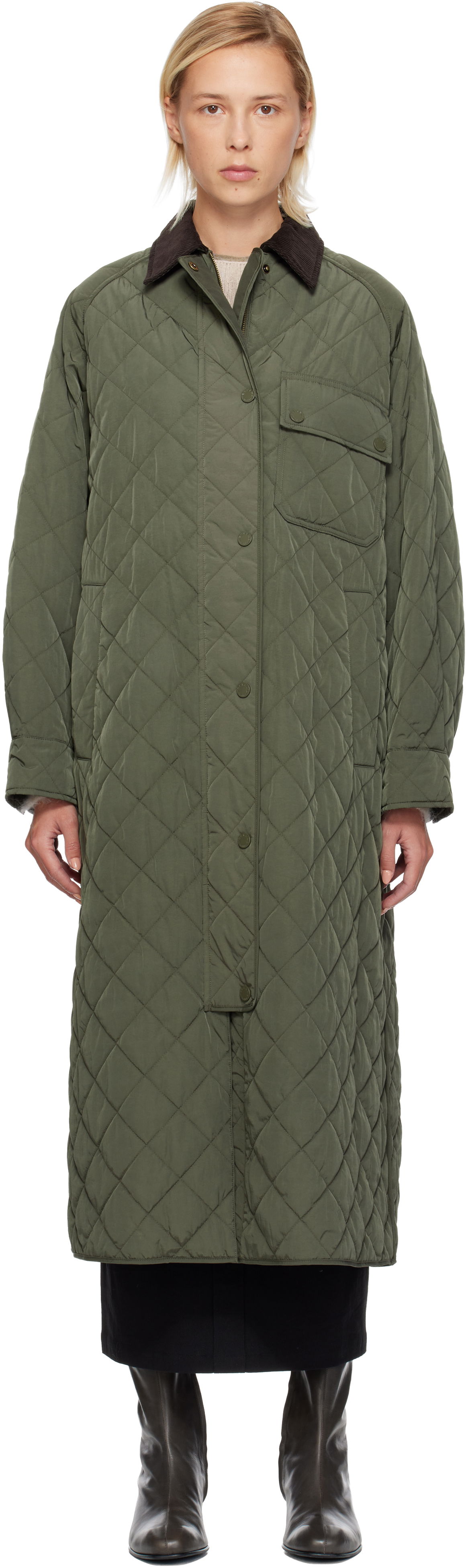 Rockar Max Mara Coccole Quilted Long Coat with Corduroy Collar Grön | 2525496092600, 0