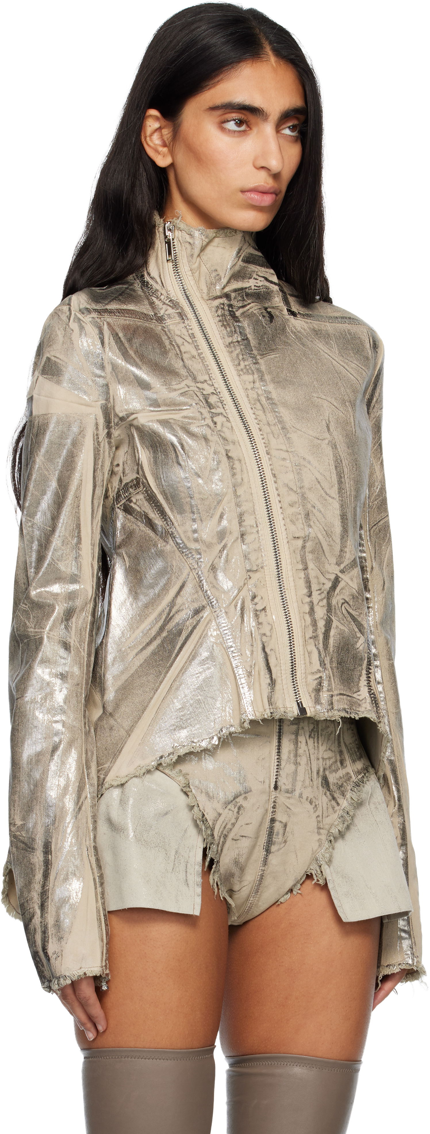 Jacka Rick Owens Concordians Naska Gary Metallic Crinkled Denim Jacket Metallisk | DS02E7703 SDPF, 1