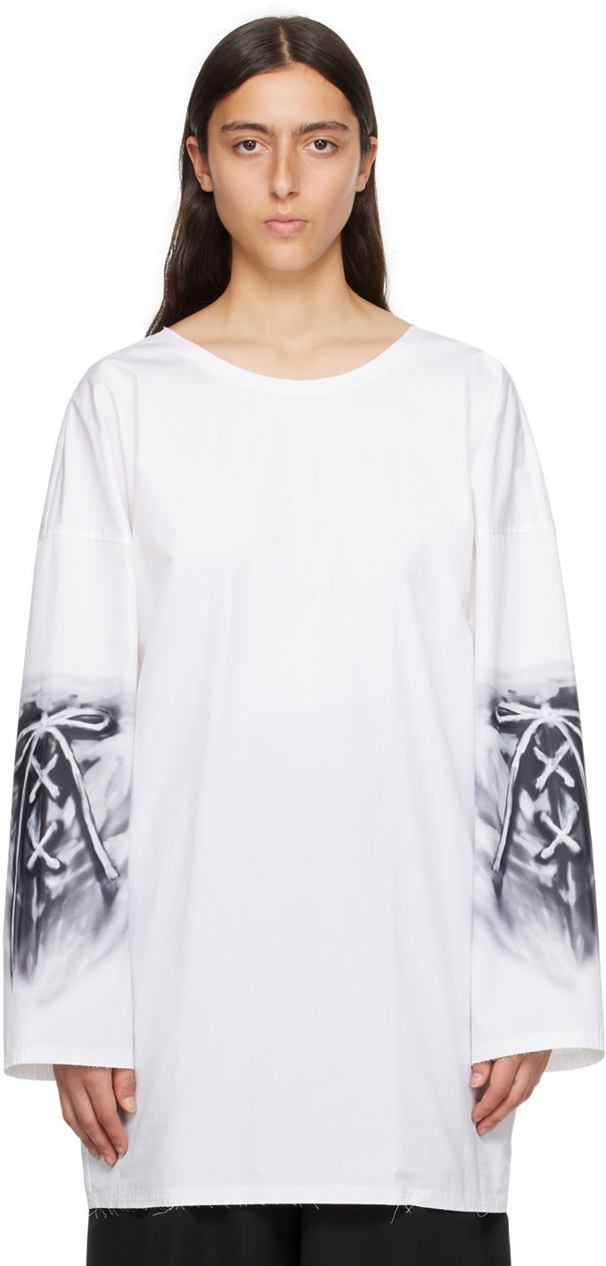T-shirt We11done Raw Edge Graphic Long Sleeve T-Shirt Vit | WD-SH3-23-185-U-WH