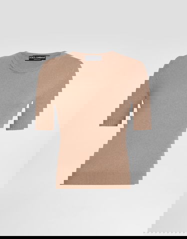 Sweater Dolce & Gabbana Cashmere Short-Sleeve Ribbed Crew Neck Pullover Beige | FXXA8ZJDVC2M2186, 0