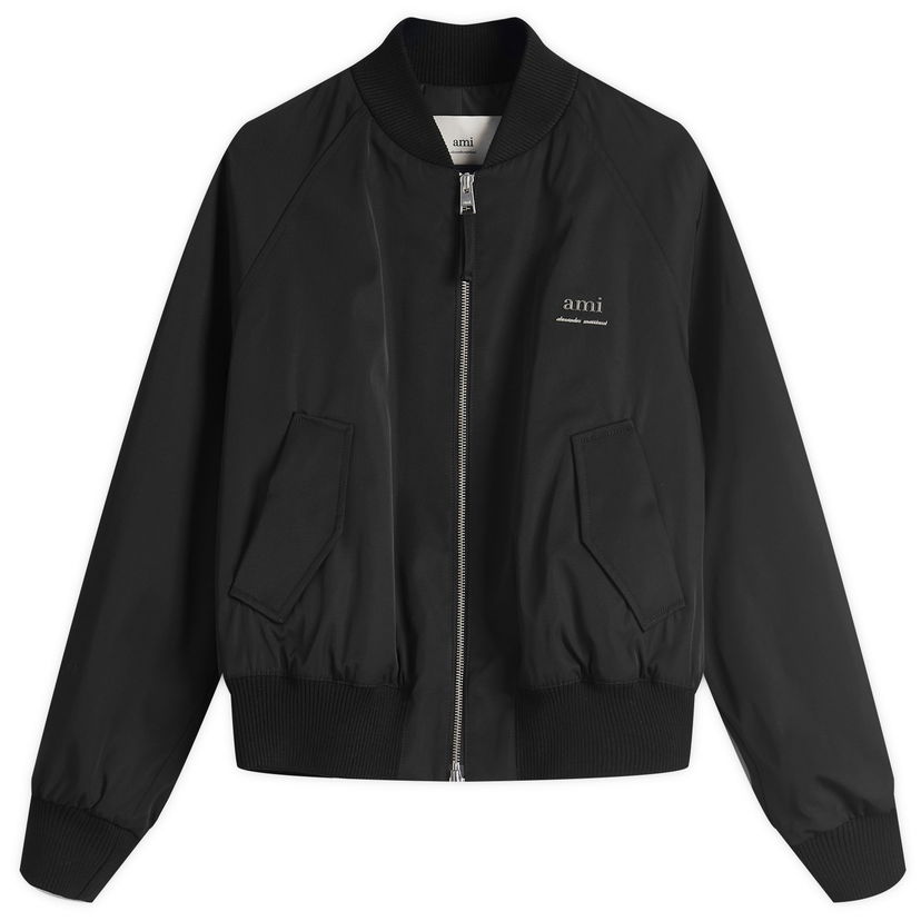 Bomberjacka AMI AMI Paris Women's Wool Gabardine Logo Bomber Jacket, Size Large Svart | FJK012-PA0007-001