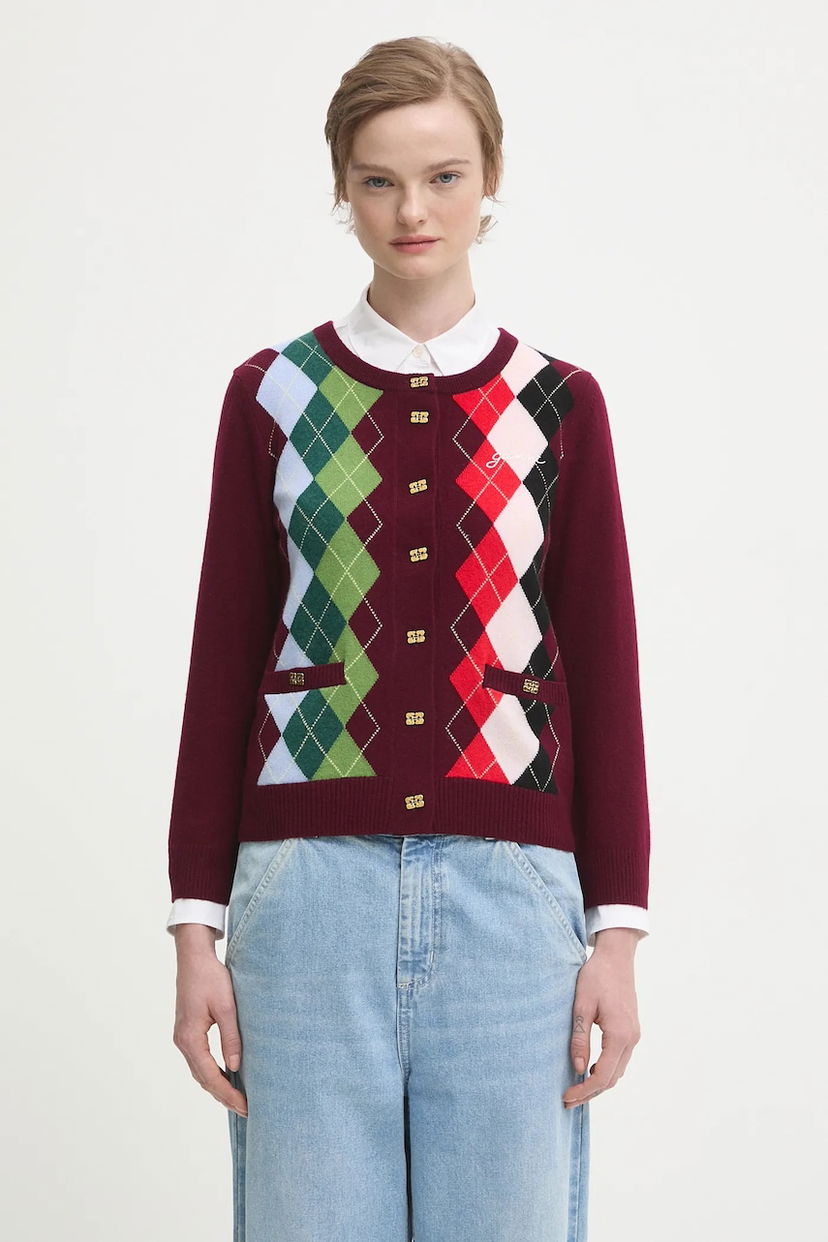 Sweater GANNI Argyle Pattern Cashmere Wool Mix Round Neck Button-Front Cardigan Flerfärgad | K2532
