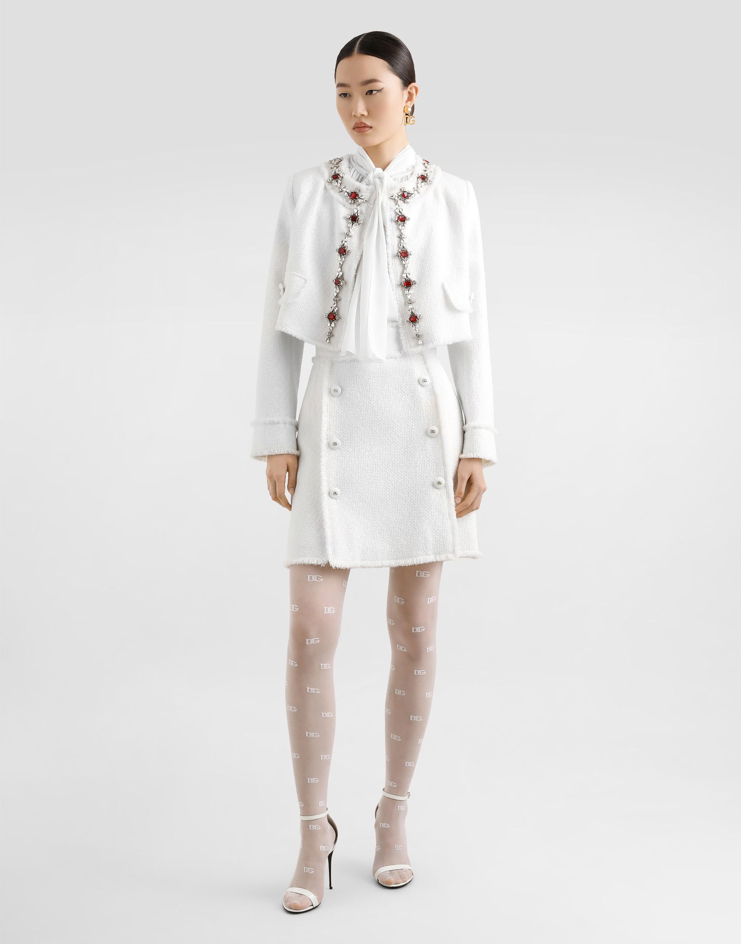 Kjol Dolce & Gabbana Dolce & Gabbana Rachel Tweed Skirt with Frayed Edges and DG Buttons Vit | F4C03THUMUAW3789, 1