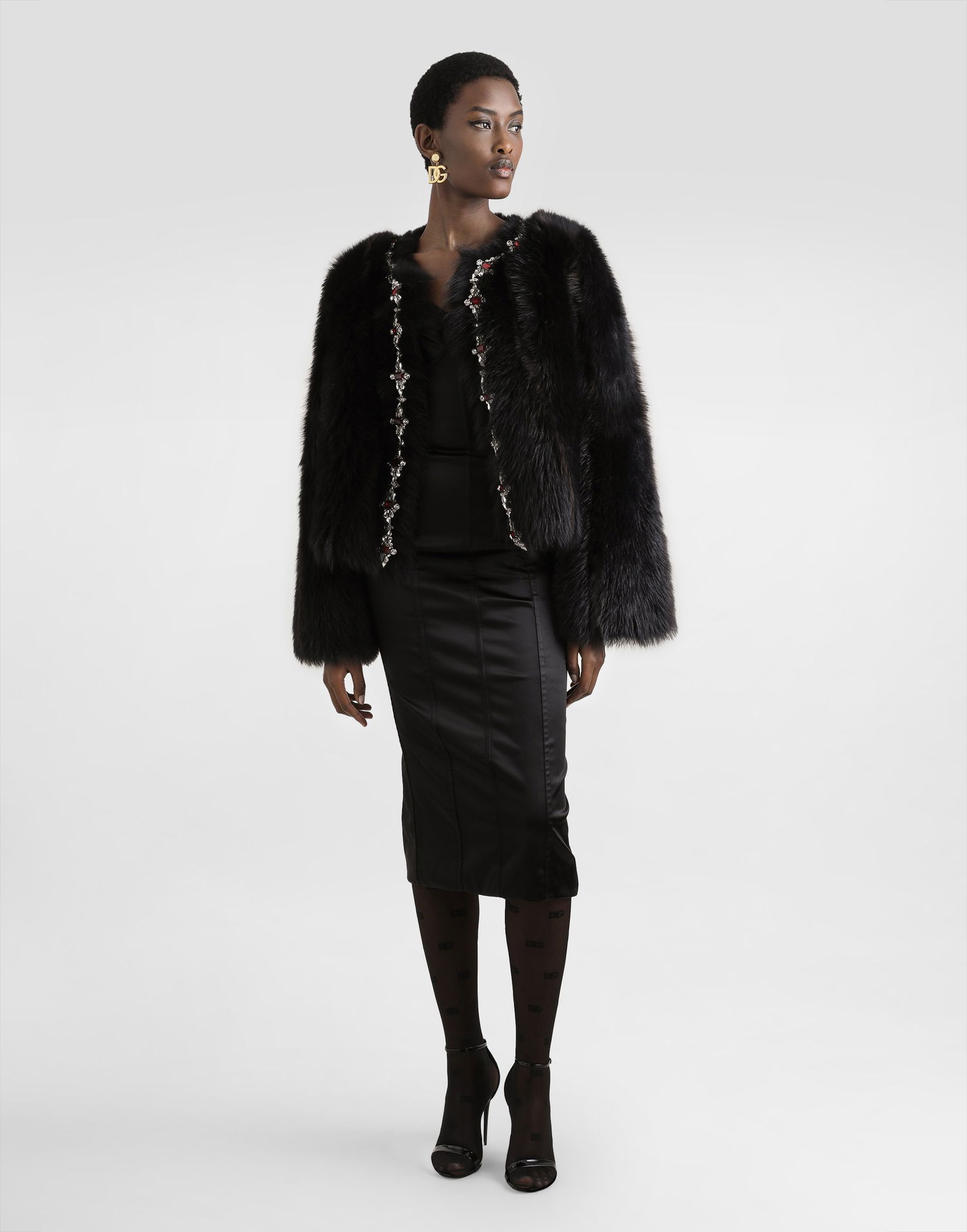 Jacka Dolce & Gabbana Dolce & Gabbana Fluffy Sheepskin Jacket with Crystal Inlay Svart | F27GEZFUPFQM1512, 1