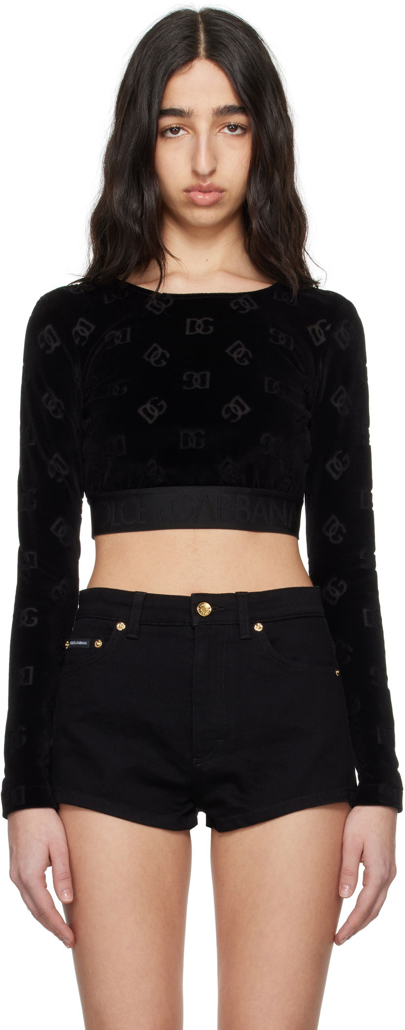 Crop top Dolce & Gabbana Dolce&Gabbana Jacquard DG Logo Crop Top Svart | F778LT FJ7DL