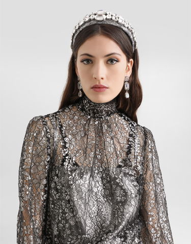 Skjorta Dolce & Gabbana High-neck Long-sleeve Lamé Lace Top with Scalloped Hem, Collection Metallisk | F7BD7TILMCFS0998, 3