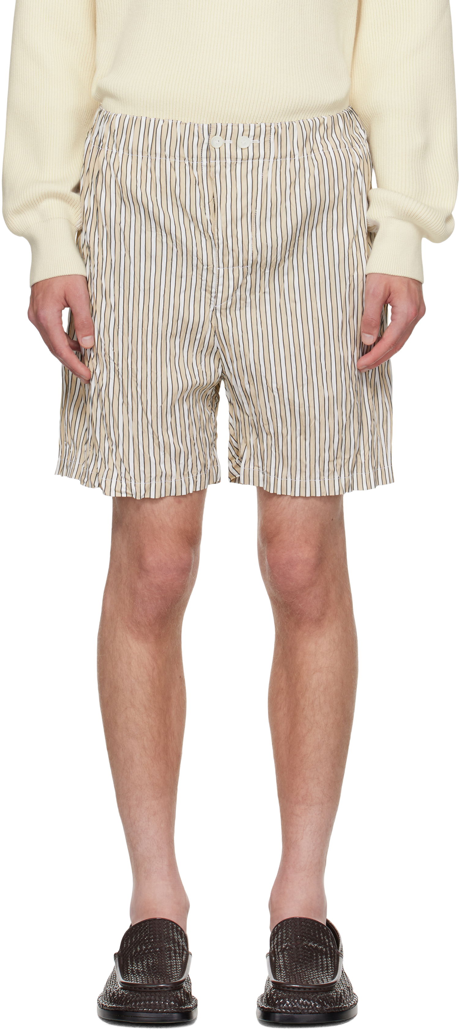Shorts Bottega Veneta Bottega Veneta Crushed Tech Cotton Stripe Shorts Beige | 833970V5NM08773, 0